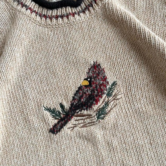 Vintage Christopher & Banks Tan Cream Knit Hand Embroidered Red Bird Sweater - Picture 5 of 7